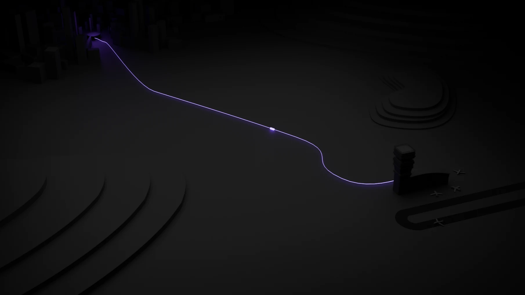 Dark render of the rebuilt Airport Shuttle route traced as a single line of light