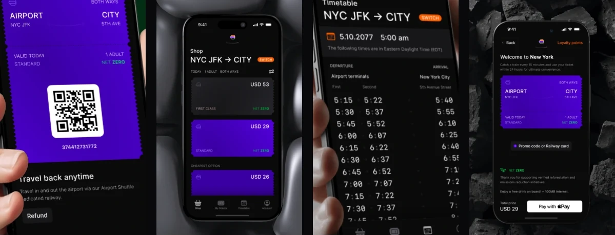 Four Airport Shuttle screens: ticket with QR code, ticket shop, timetable, and checkout with Apple Pay