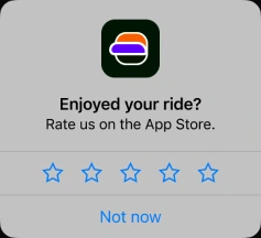 In-app prompt asking "Enjoyed your ride? Rate us on the App Store."