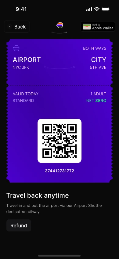 Ticket screen: the purple ticket with its QR code revealed, and an Add to Apple Wallet button