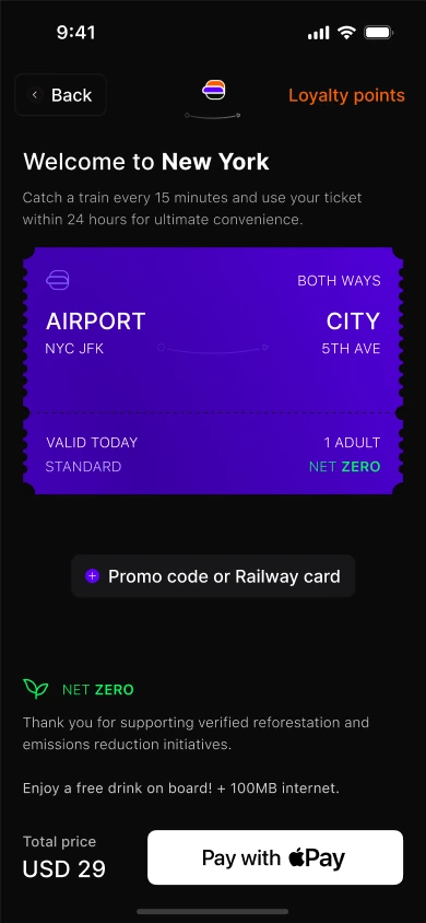 Checkout screen: the ticket, a promo code field and Pay with Apple Pay