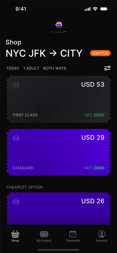Shop screen: route from NYC JFK to City with three fares — first class, standard and cheapest option
